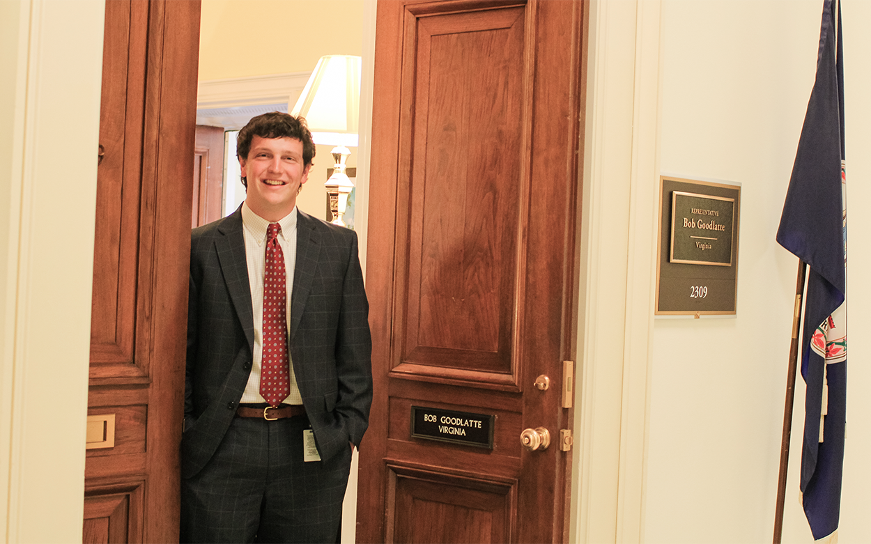 Nolan Webb standing in the doorframe to the office of Representative Bob Goodlatte