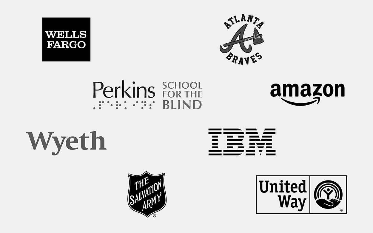 Collection of logos: Atlanta Braves, IBM, Wyeth, amazon, United Way, Salvation Army, Wells Fargo