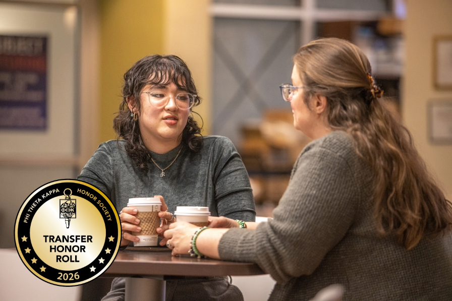 student and professor talking with seal overlayed saying Transfer Honor Roll 2026