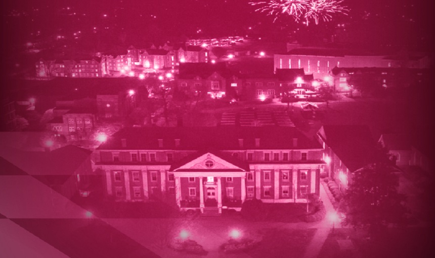 Roanoke College Administration building with fireworks