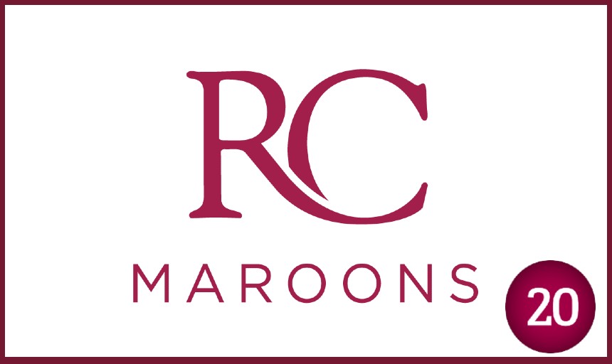 the words "RC Maroons" with a maroon circle and white font that says "20" in the bottom right hand corner
