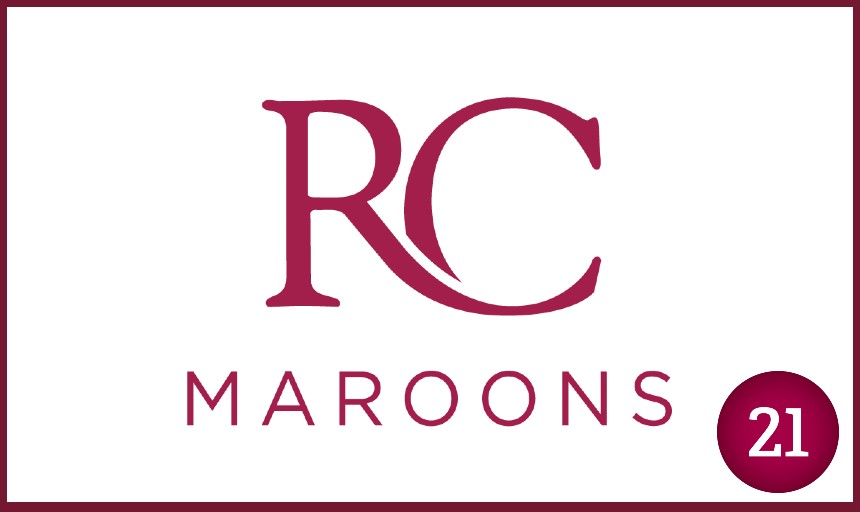 the words "RC Maroons" with a maroon circle and white font that says "21" in the bottom right hand corner