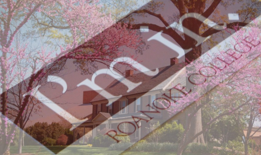 A photo of the front quad on campus overlaid with an image of a card that says "I'm in. Roanoke College."