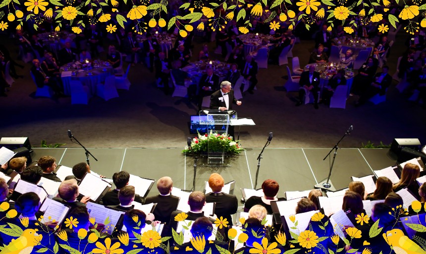 An image of the Roanoke College Choir with a yellow flower boarder