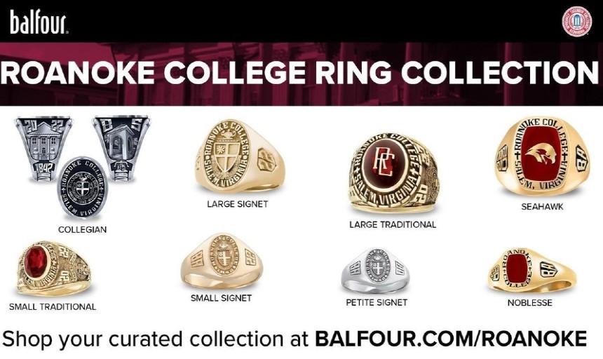 An image of class rings with the text "Roanoke College Ring Collection, Shop Your Curated Collection at balfour.com/roanoke"