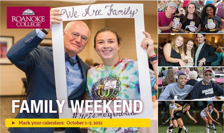 RC Logo; Text Reads: Family Weekend, mark your calendars: October 1-3, 2021. Images of President Maxey with student, students at build a bear event, ring ceremony, father and son, and field hockey game
