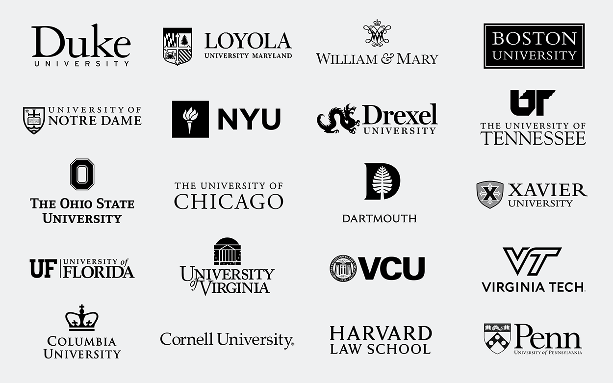 Logos of: Virginia Tech, Notre Dame, Columbia University, Dartmouth, Drexel, University of Richmond, University of Florida, Loyola, NYU, Ohio State University, William & Mary, Duke University, University of Tennessee, James Madison University, Harvard, Xavier, Colorado State University, Washington & Lee, University of Chicago, Boston University, University of Pennsylvania, University of Virginia, Georgetown University, Virginia Commonwealth University