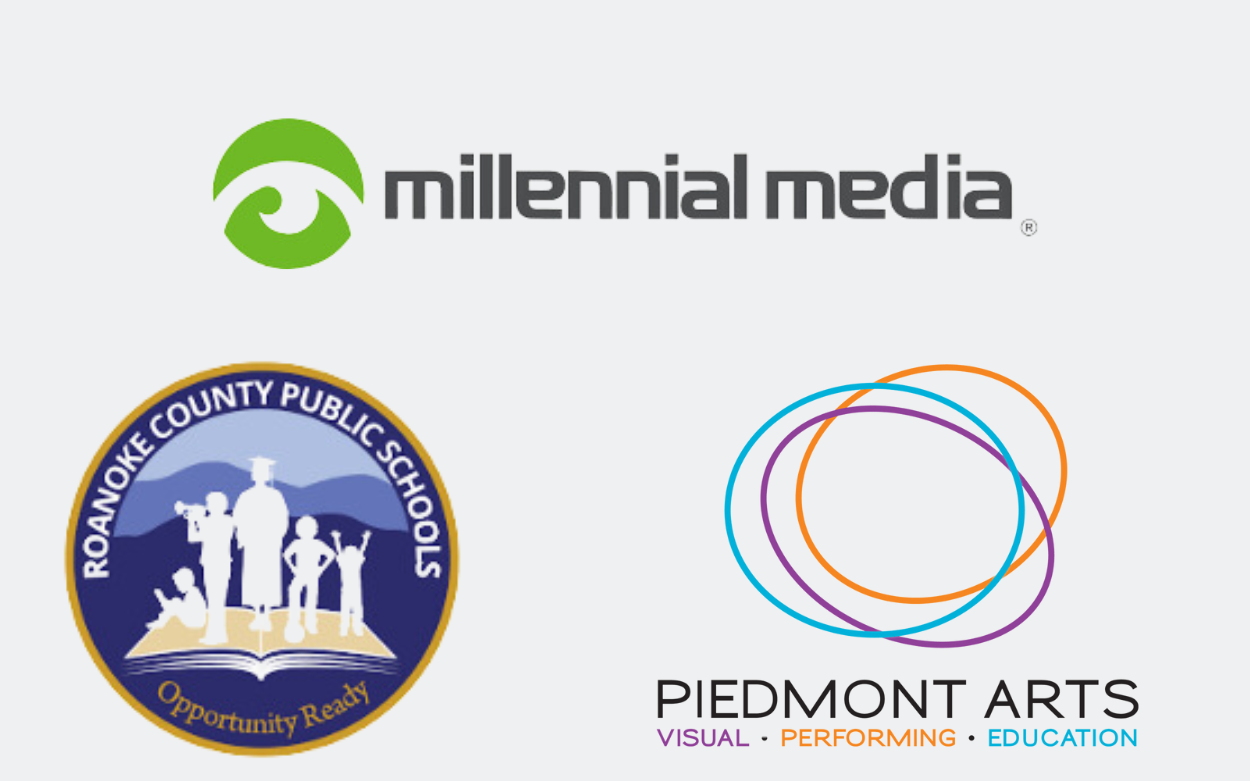 Logos for Roanoke County Public Schools, Piedmont Arts, and Millennial Media