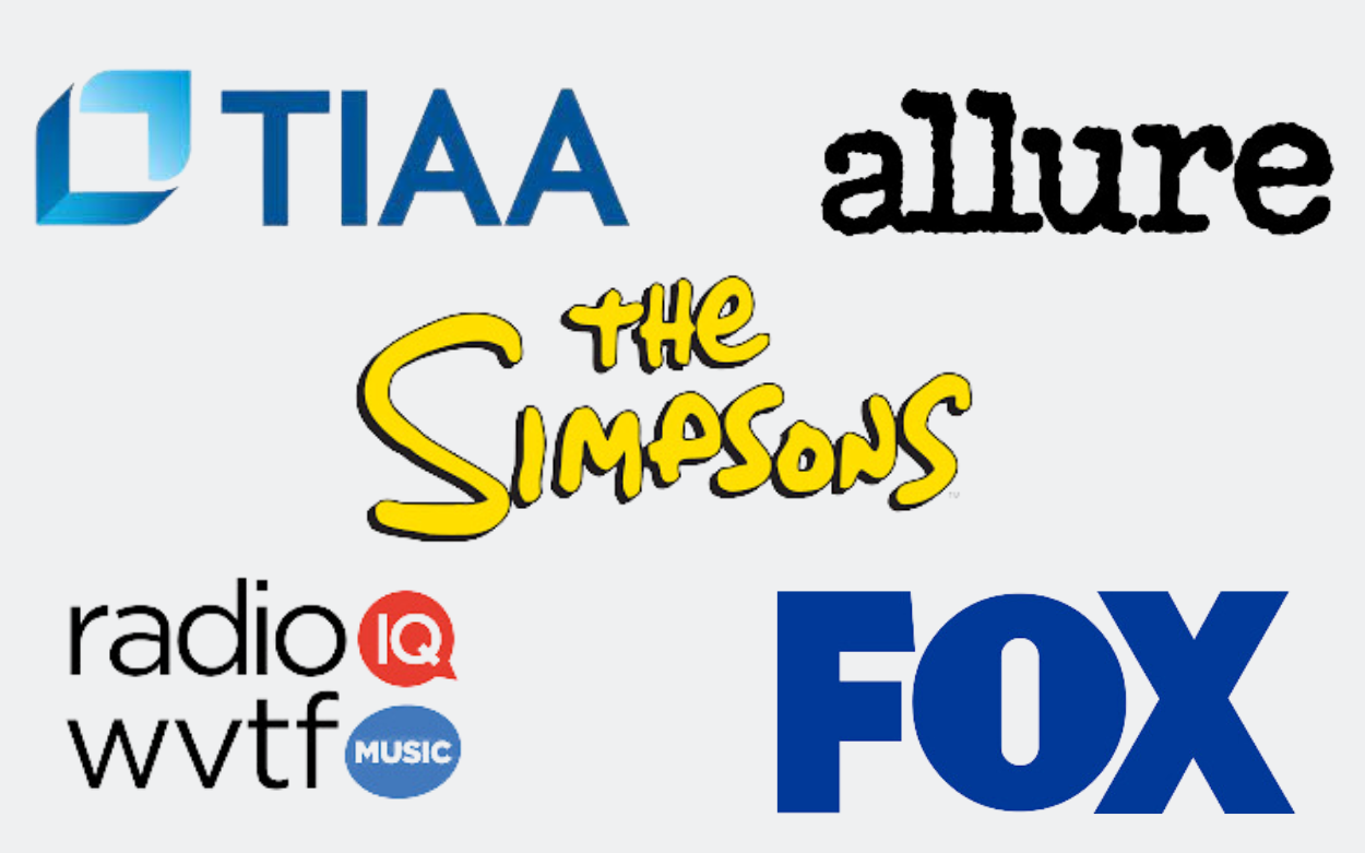 Logos for Fox, WVTF Public Radio, The Simpsons, allure and TIAA CREF