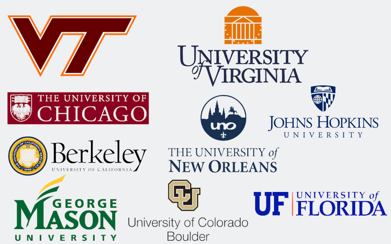 Logos for the universities of: Virginia Tech, John Hopkins, Chicago, Colorado Boulder, Florida, George Mason, Virginia, Berkeley, and New Orleans