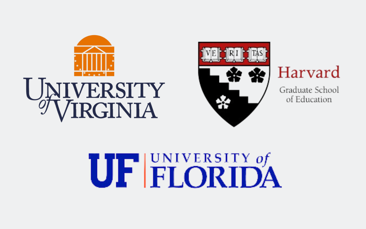 Logos of UVA, Harvard Graduate School of Education and University of Florida