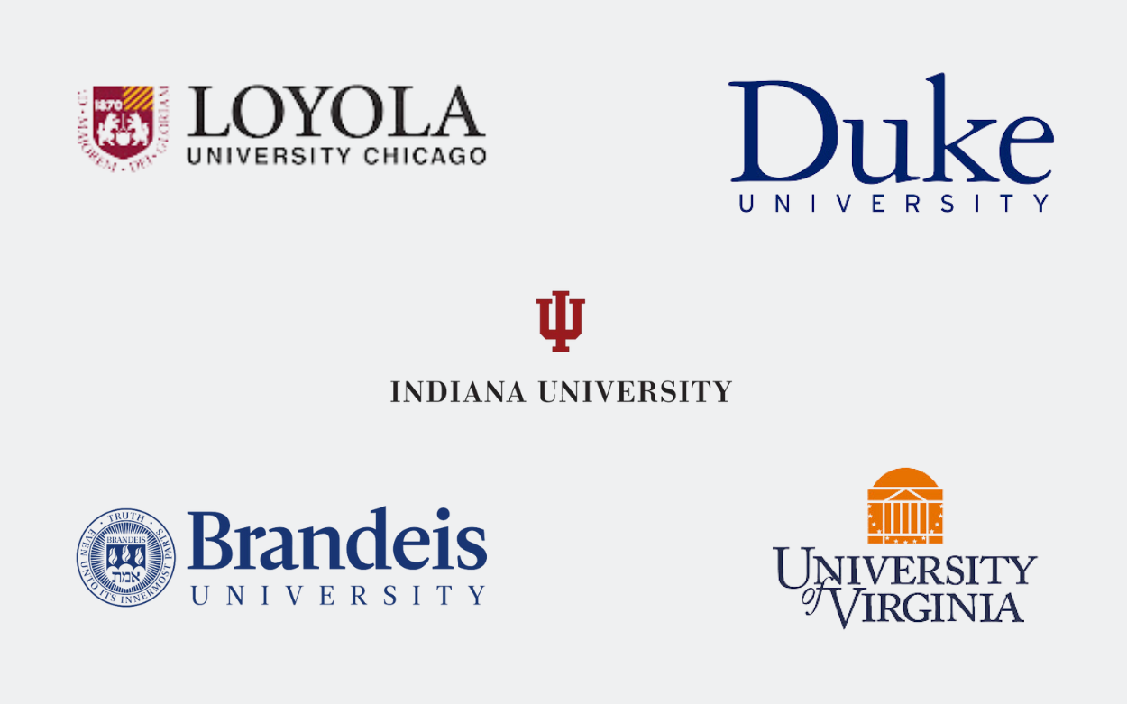 Logos from Loyola Chicago, Duke, Indiana University, Brandeis University, and University of Virginia
