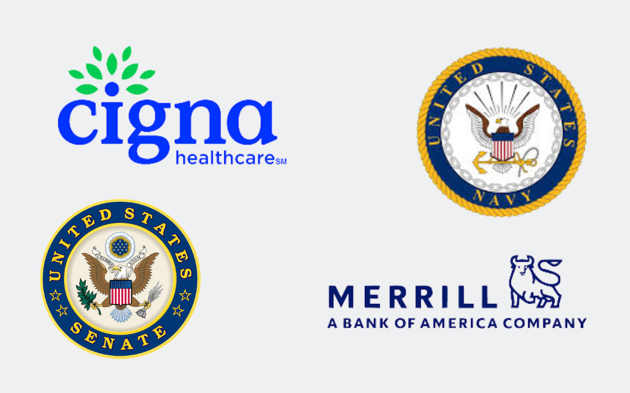Logos for Cigna Healthcare, the US Senate, the US Navy, and Merrill Lynch