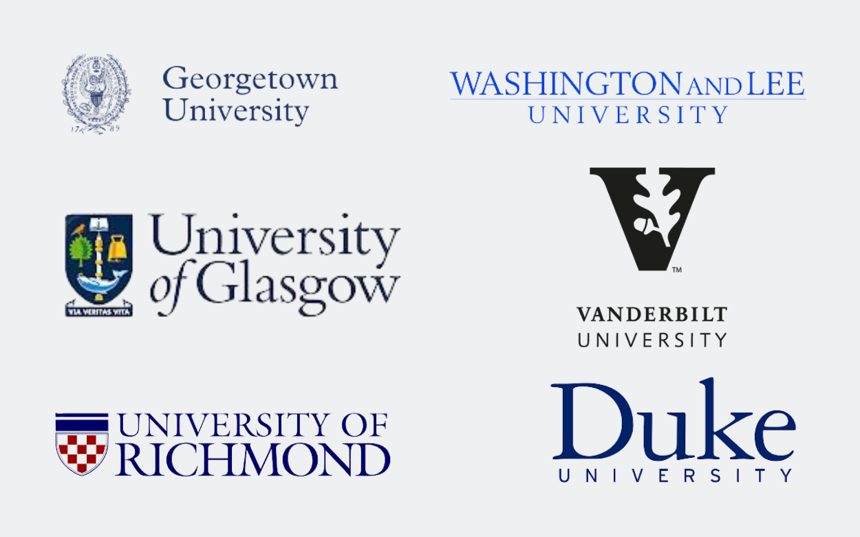 Logos for law schools such as Georgetown, University of Glasgow, Vanderbilt, Washington and Lee, University of Richmond, and more
