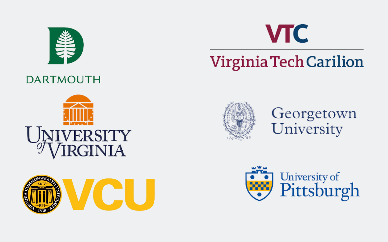 Logos for VCU, University of Pittsburgh, Georgetown, Dartmouth, UVA, and Virginia Tech Carilion School of Medicine