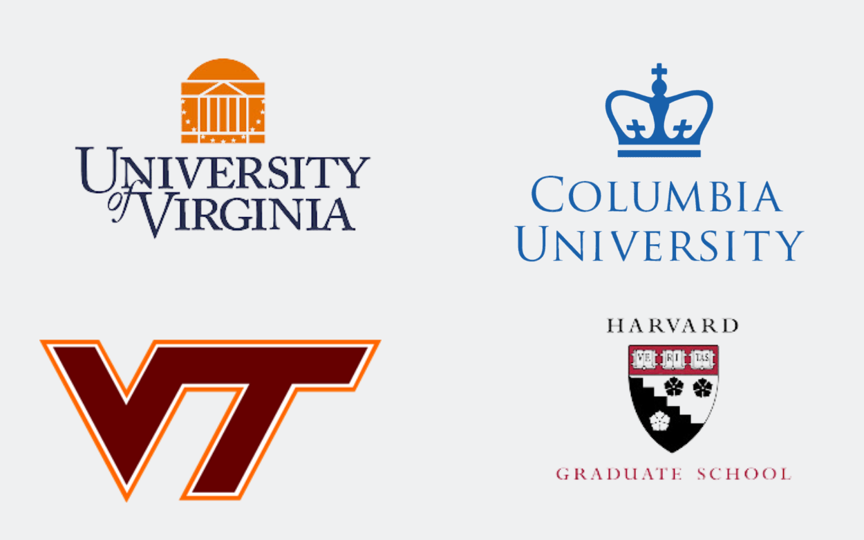 Logos for graduate universities like Harvard, Xavier, Stony Brook, Colorado State, Loyola Maryland, and more