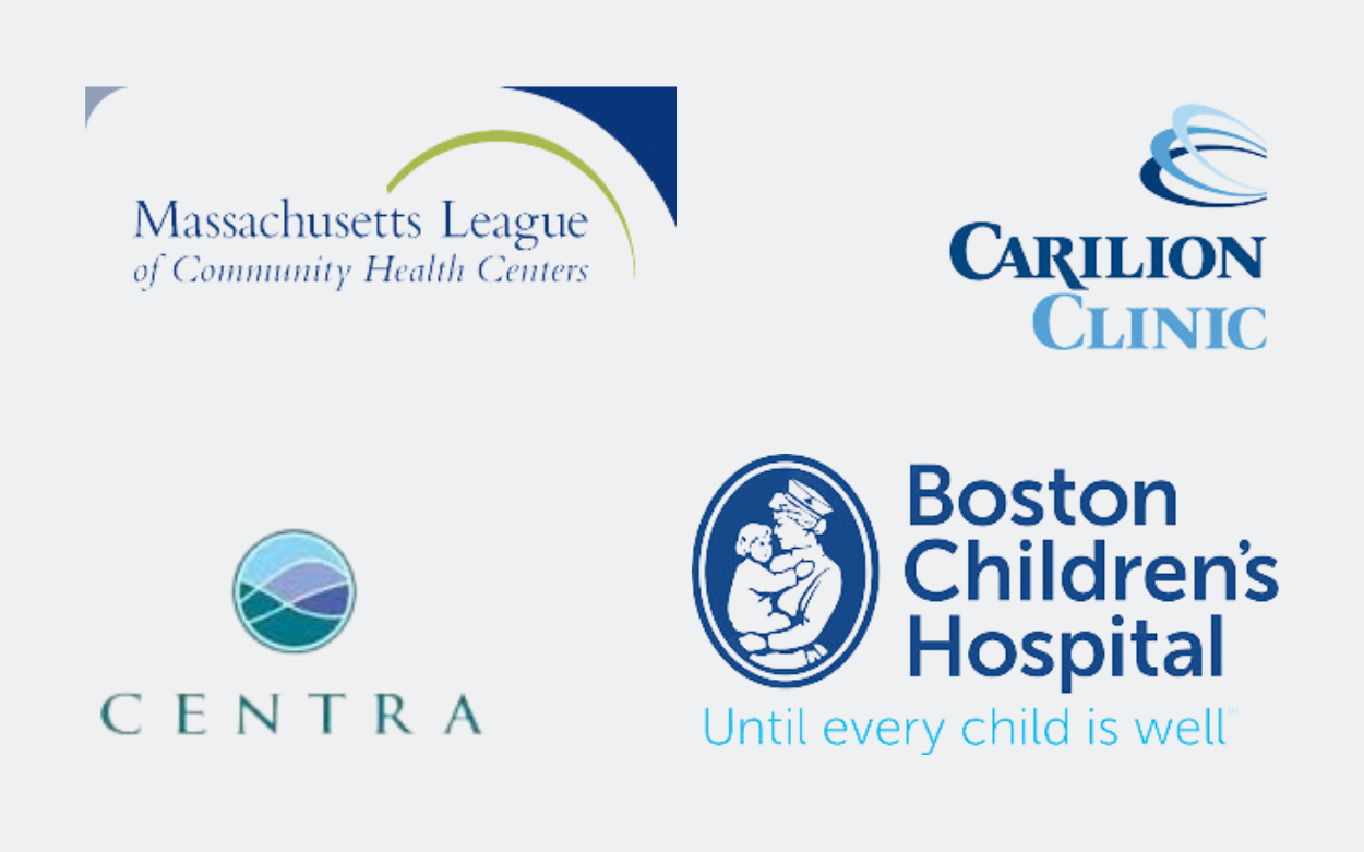 Logos from Boston Children's Hospital, Centra, Carilion Clinic, UnitedHealthcare, and Massachusetts League of Community Health Centers