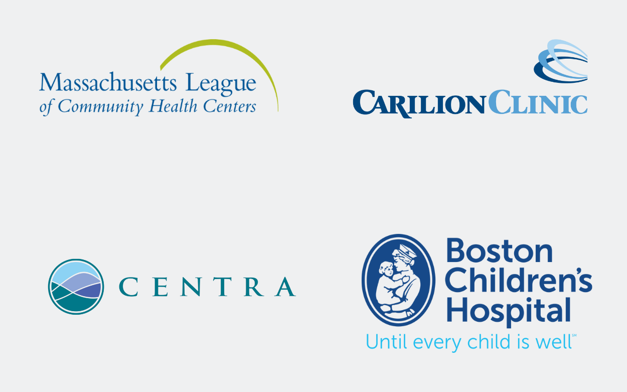 Logos from Boston Children's Hospital, Centra, Carilion Clinic, UnitedHealthcare, and Massachusetts League of Community Health Centers