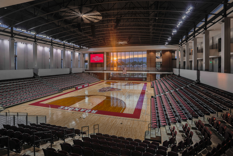 The basketball court inside the Cregger Center