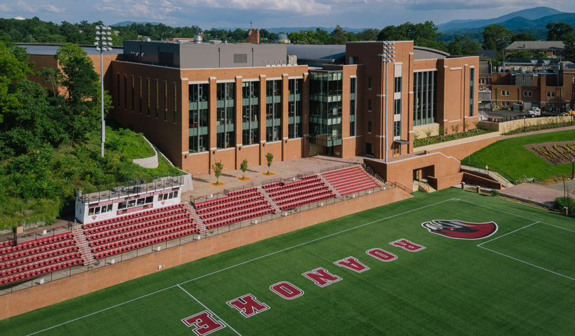 A shot of the Cregger Center from above