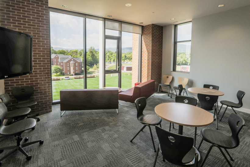 An empty lounge in the Cregger Center