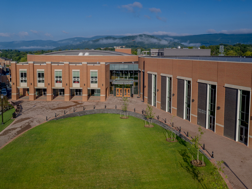 The entrance of the Cregger Center from above