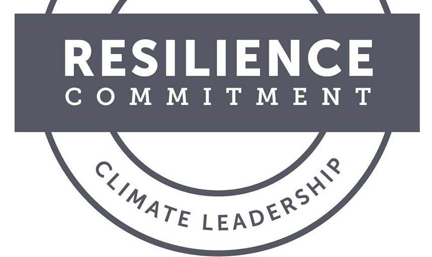 An icon reading "resilience commitment" with "climate leadership" underneath
