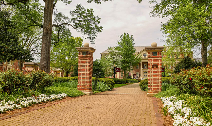 The heritage walk with the admin building in the background