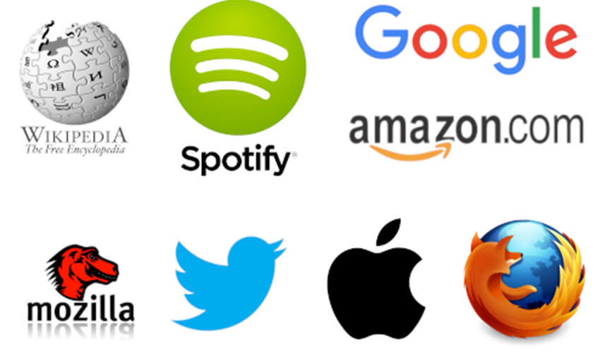 The logos for Wikipedia, spotify, amazon, google, mozilla, twitter,  apple, and firefox