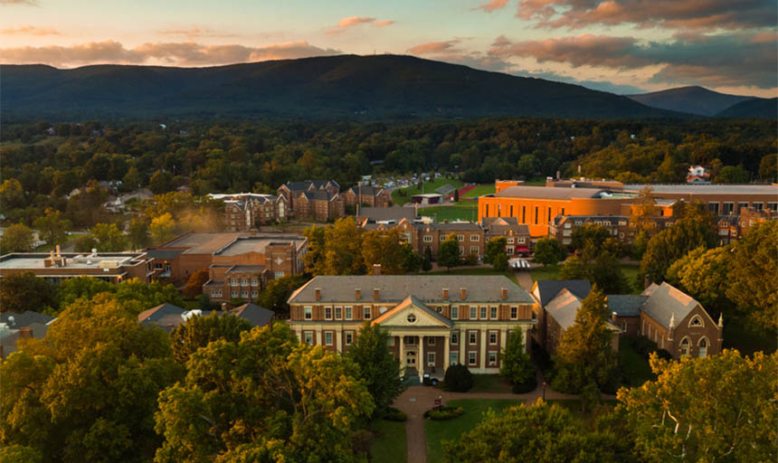 An overhead photo of campus taken by a drone