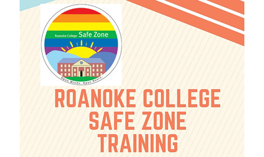 An orange background with a drawing of the roanoke college admin building in a circle to the left. Text reads "Roanoke College Safe Zone Training"