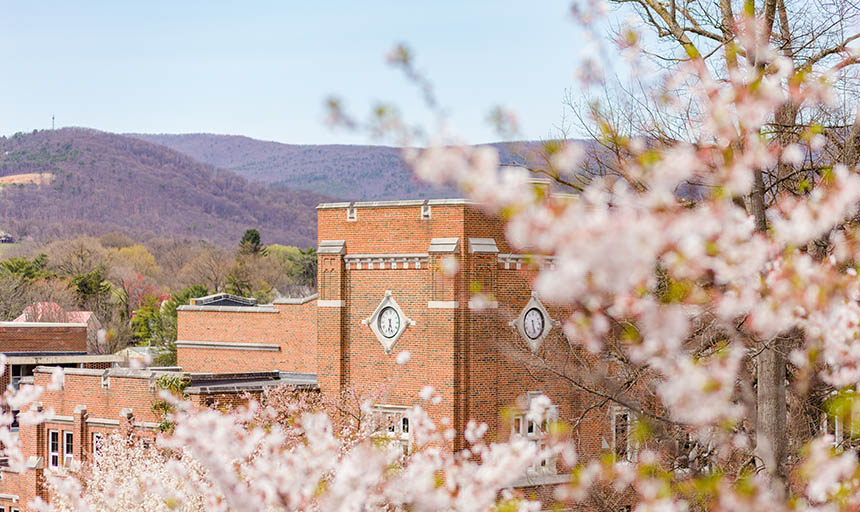 A photo of the top of alumni gym with mountains in the background