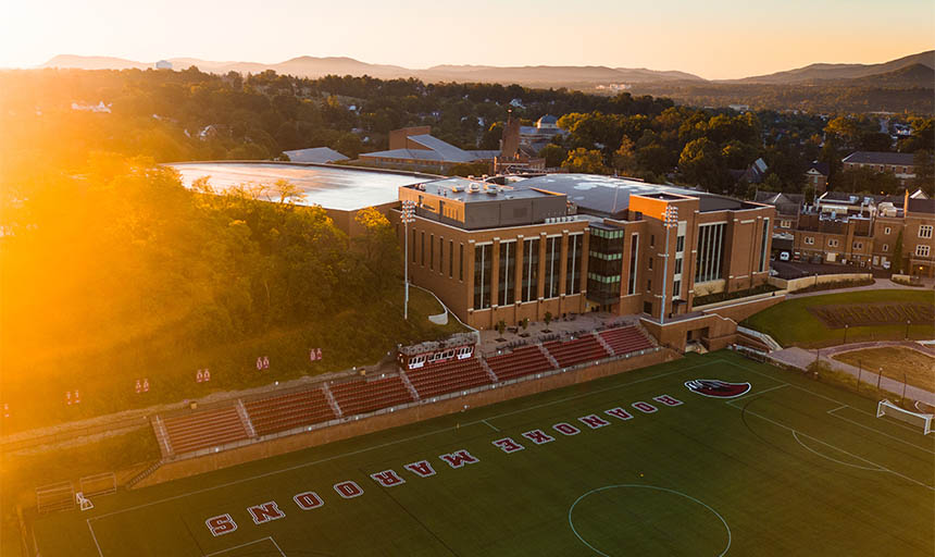 An overhead shot of the Cregger Center and Kerr field taken from a drone