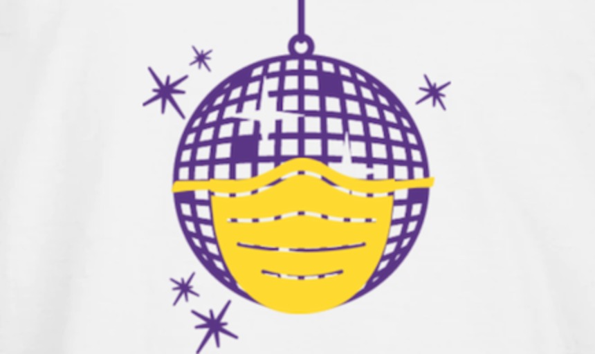 A cartoon purple disco ball wearing a yellow face mask 