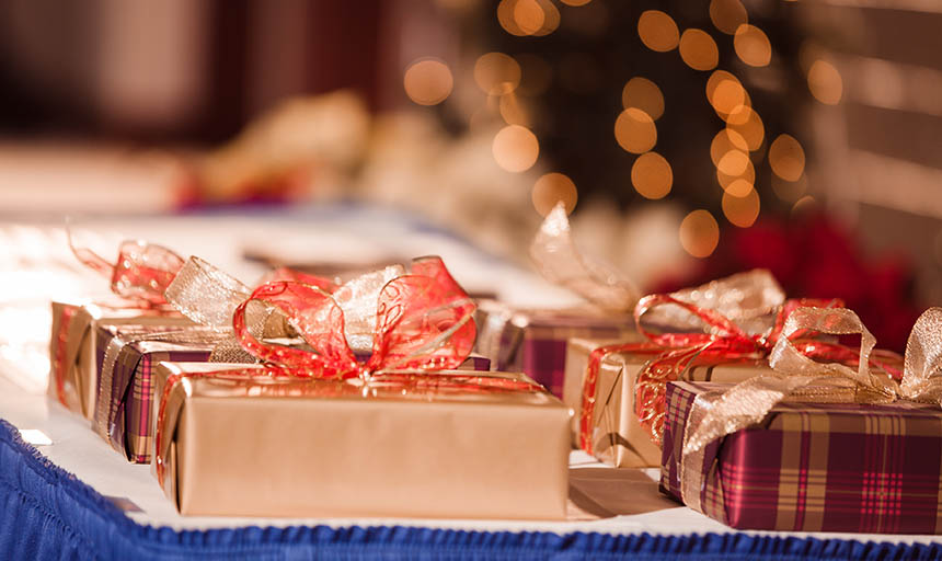 wrapped presents sitting on a table