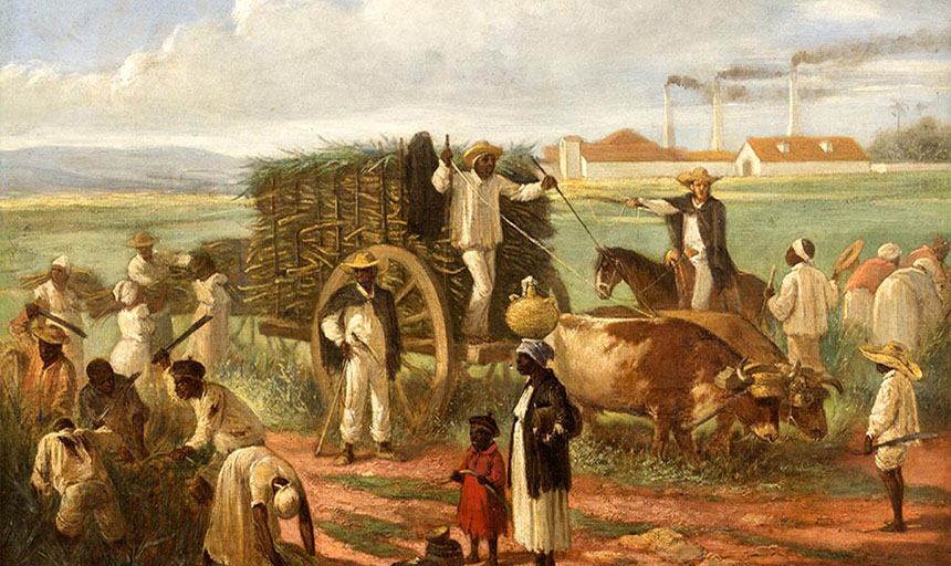 A painting of people working and loading up a cart with goods