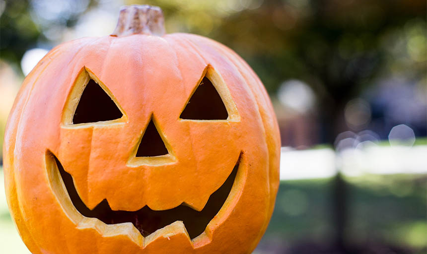 jack-o'lantern sitting in front of trees