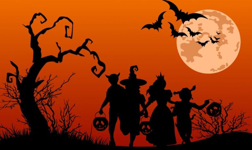 An orange background with black silhouettes of trick or treaters and a tree with no leaves. Bats and the moon are in the sky