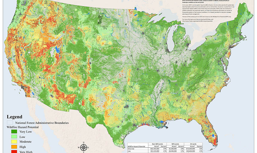 A map of the United States color coded according to wildfire hazard potential as of 2018