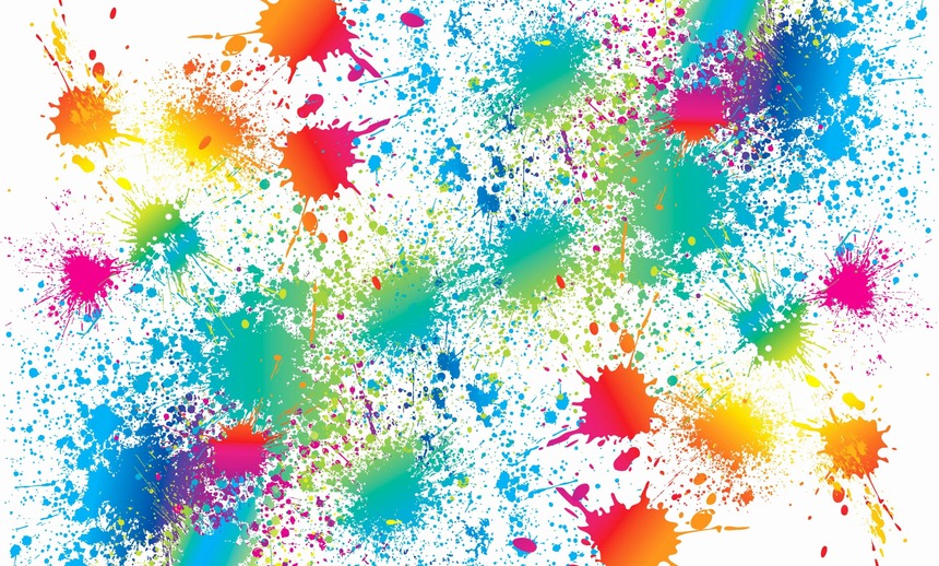 Rainbow paint splotches against a white background