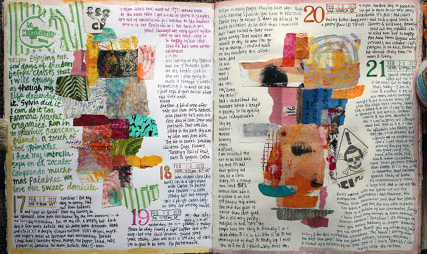 the insides of a book with art and colorful writing