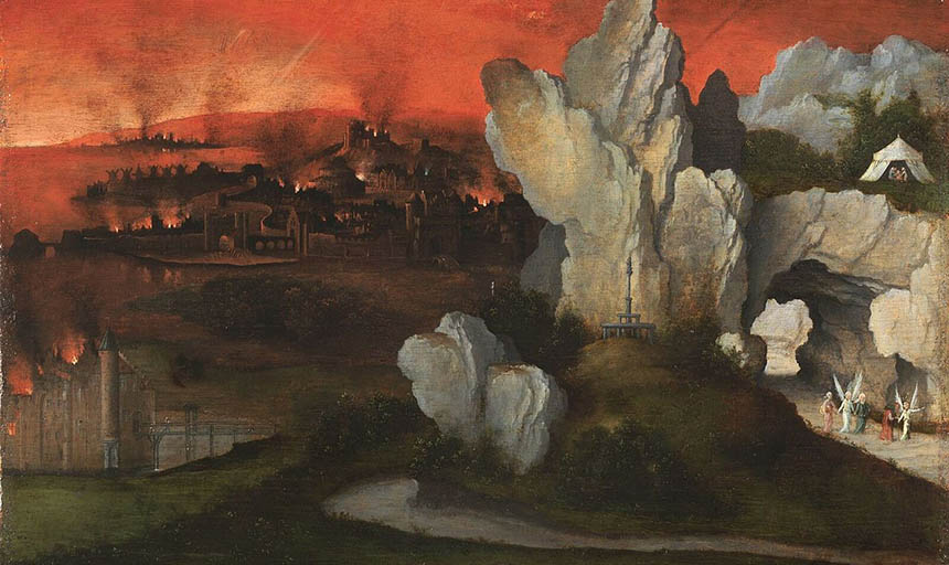 A painting of a burning landscape