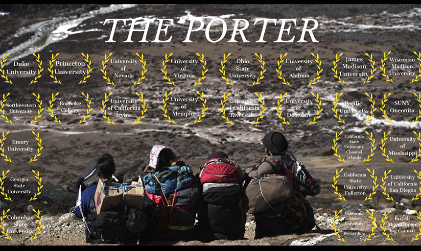 A photo of 4 porters sitting surrounded by the names of the universities involved