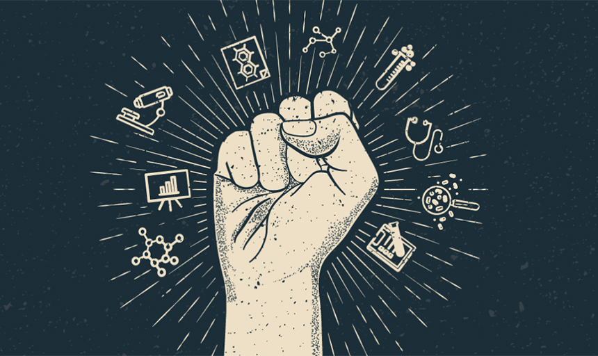 A fist with icons around it: test tube, stethoscope, petri dish, microscope, clipboard, organic chemistry formations, a chart, and cell diagrams