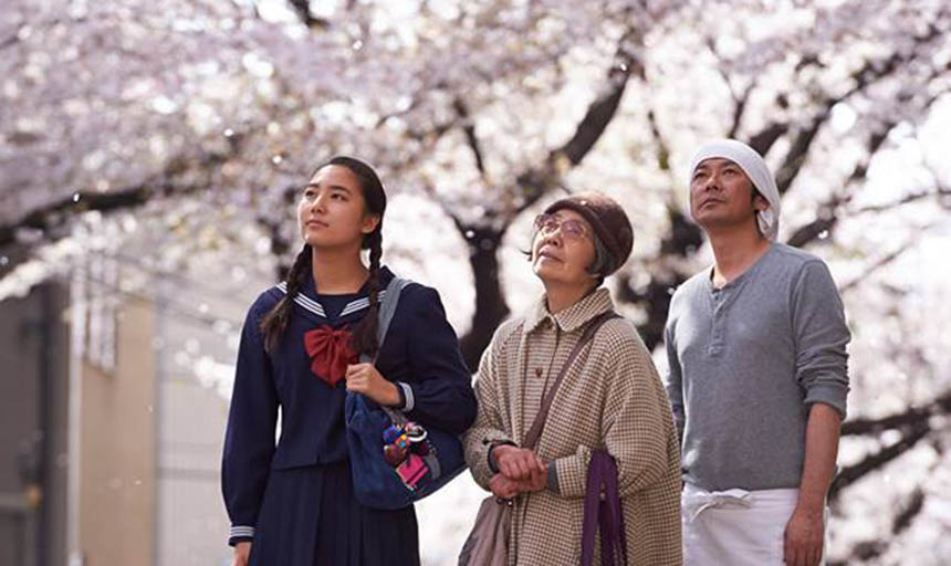 three people under flowering trees 