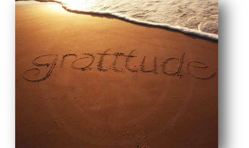 The word "gratitude" written in the sand on a beach