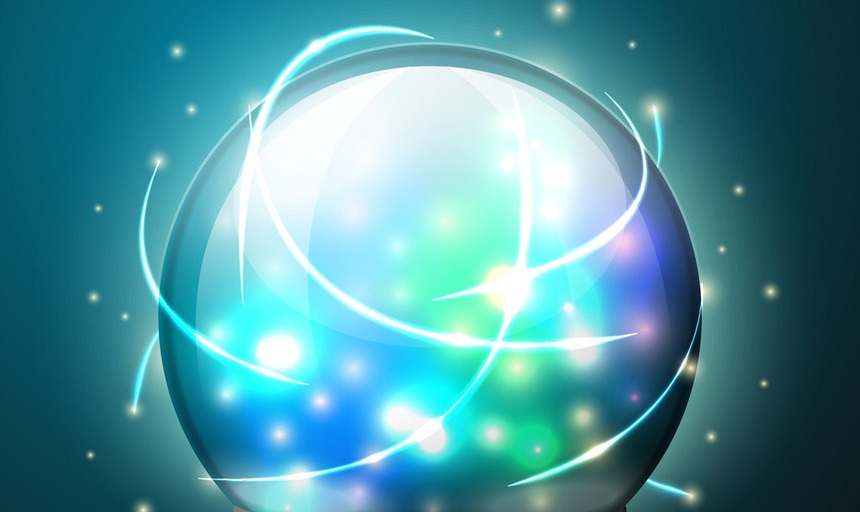 A graphic of a crystal ball with lights all around it