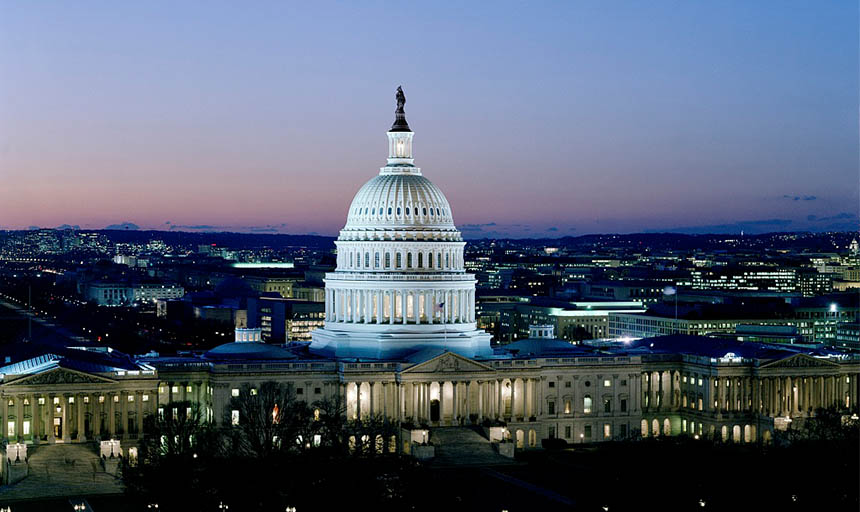 Aerial photo of the capital building in DC at dusk