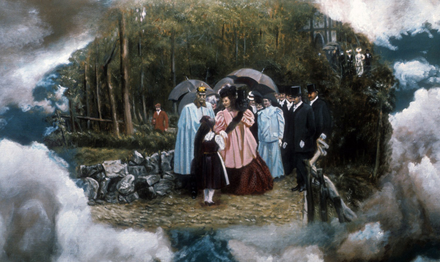 A painting of a group of people surrounded by a border of clouds