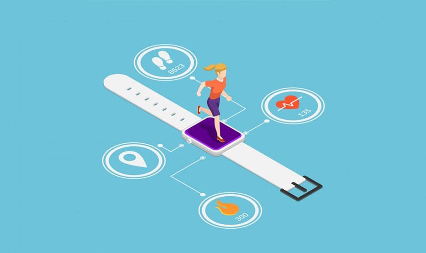 A cartoon person running on top of a smart watch on a blue background. Icons for maps, heart rate, steps, and calories are beside the watch.